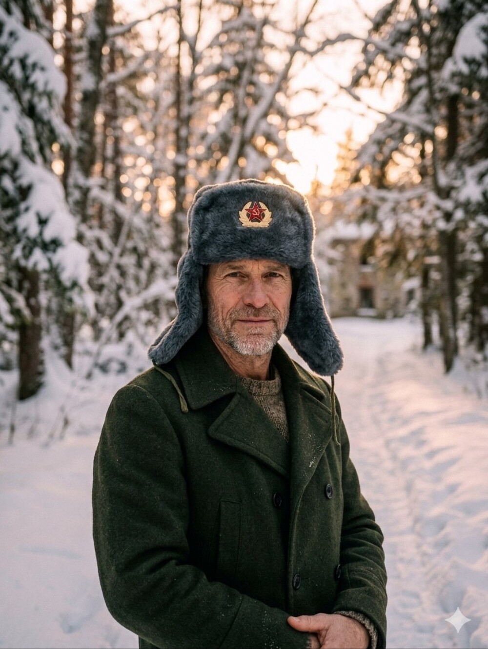 MenVintage Soviet Style Ushanka Hat Grey Fur's Green Wool Military-Style Peacoat